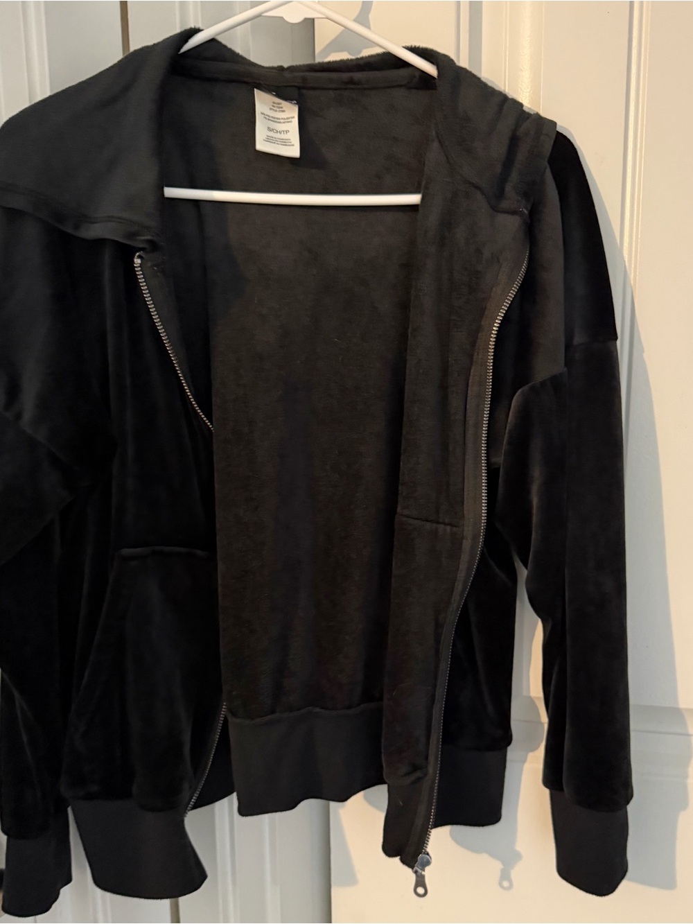 Velour Zip-Up Hoodie Jacket - Black